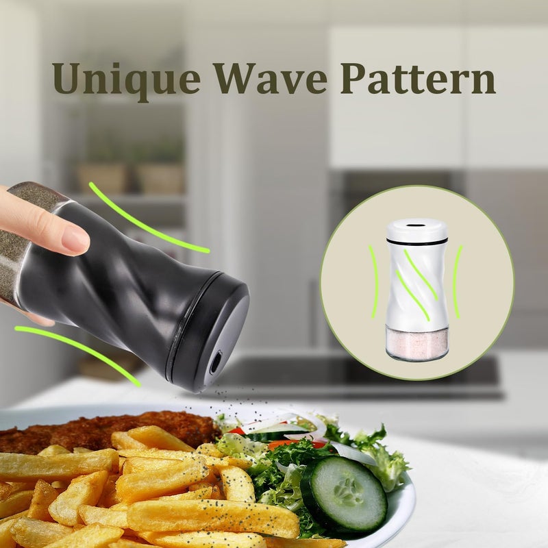 Neodaco Farmhouse Salt and Pepper Shakers with Adjustable Pour Holes, Refillable Glass Salt Shaker with Stainless Steel Lids by , Ideal for Himalayan, Kosher, and Black Pepper (Black & White) - Image 2
