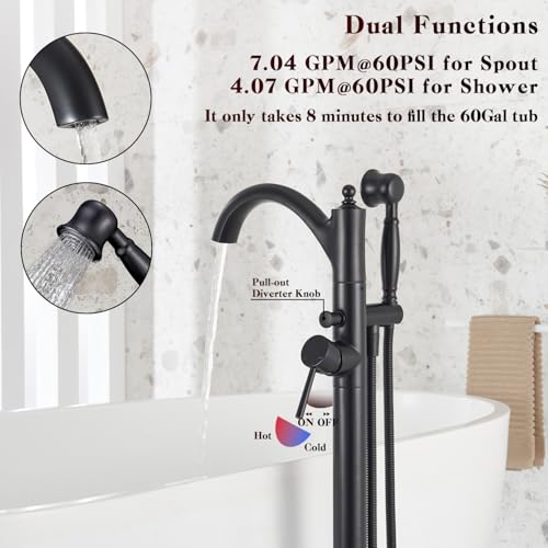 Wintap Freestanding Bathtub Faucet, Matte Black Classic Free Standing Tub Faucet with Vintage Handheld Sprayer High Flow Max 7.04GPM Floor Mounted Tub Filler (WT-9002BK) - Image 4