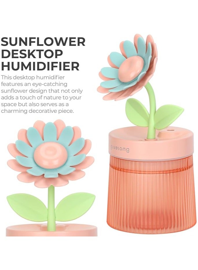 Sunflower Desktop Humidifier for Bedroom, Quiet Cool Mist Humidifier with Diffuser and LED Night Light, Auto Shut Off, 260ml Portable Humidifier for Car, Home, Indoor Garden and Plants (Pink) - Image 2