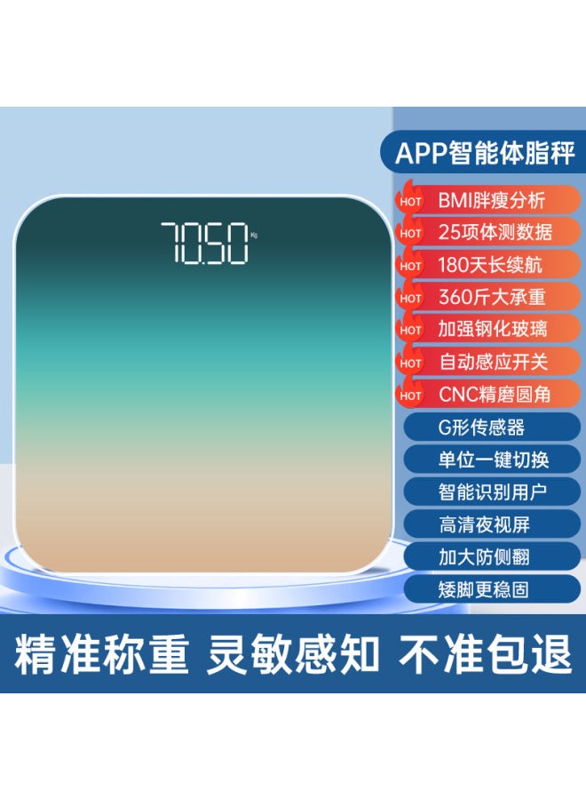 Tiansheng Rechargeable Smart Body Fat Scale with LED Display, Mint Health App Connected, Gradient Green - Image 1