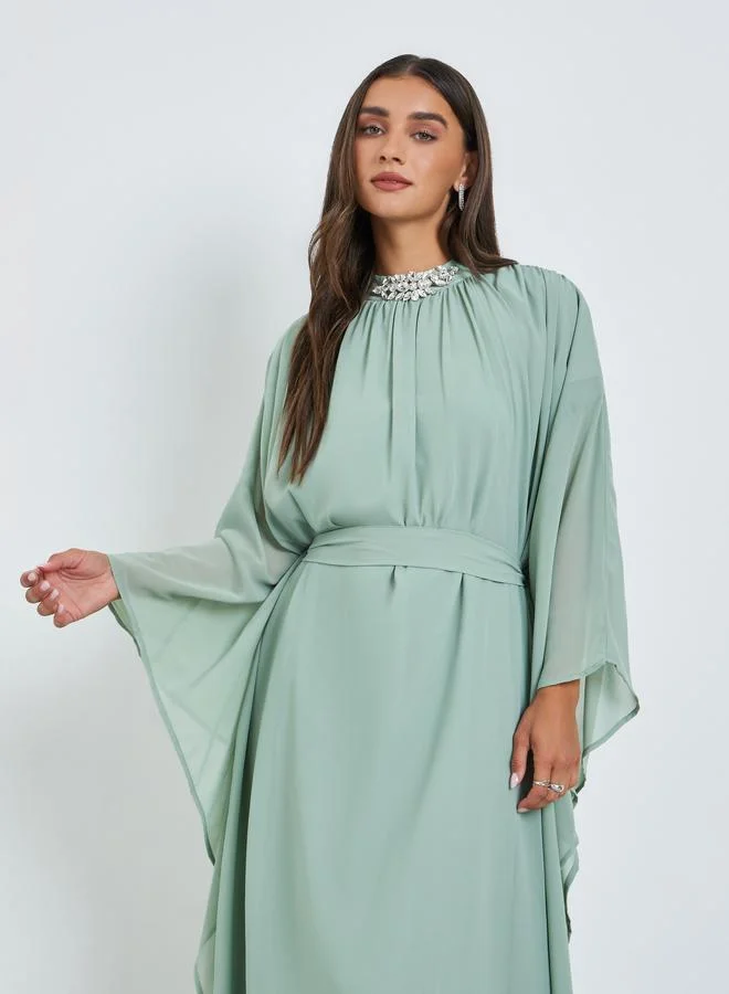 Styli Green Embellished Cape Sleeves Maxi Kaftan Dress
