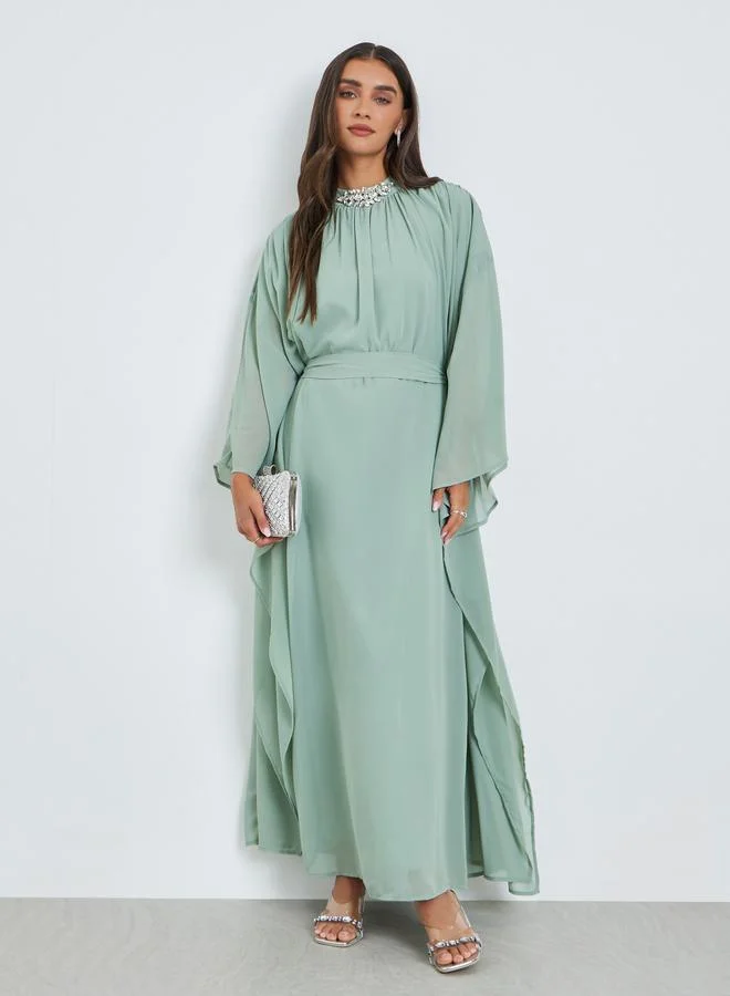Green Embellished Cape Sleeves Maxi Kaftan Dress