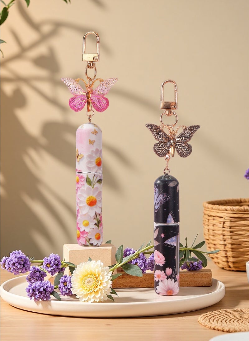2 عبوة 5 مل زجاجة توزيع العطور ، سلسلة مفاتيح الفراشة والبخاخ الفارغ المملوء السفلي مناسب للسائل ، العطور مع سلسلة المفاتيح للسفر (أسود وردي) - Image 1