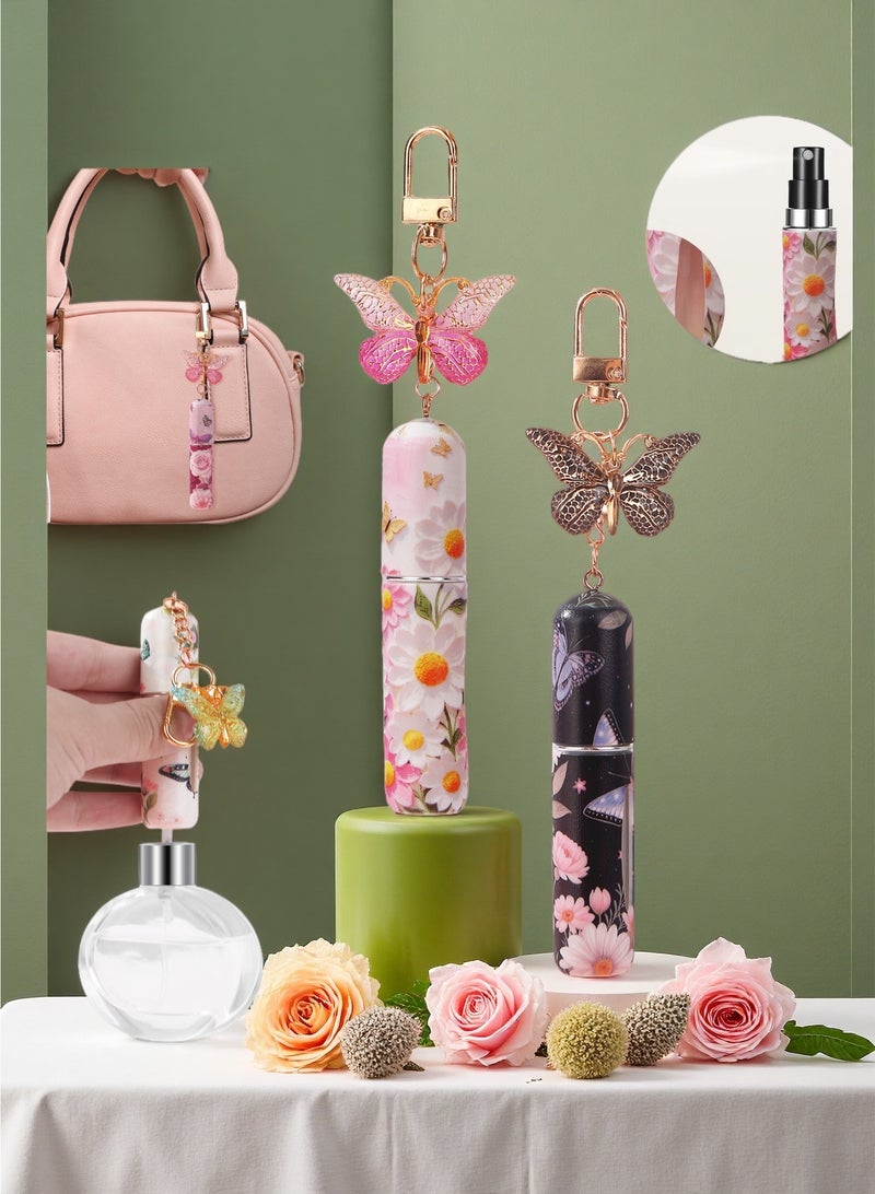 2 عبوة 5 مل زجاجة توزيع العطور ، سلسلة مفاتيح الفراشة والبخاخ الفارغ المملوء السفلي مناسب للسائل ، العطور مع سلسلة المفاتيح للسفر (أسود وردي) - Image 2