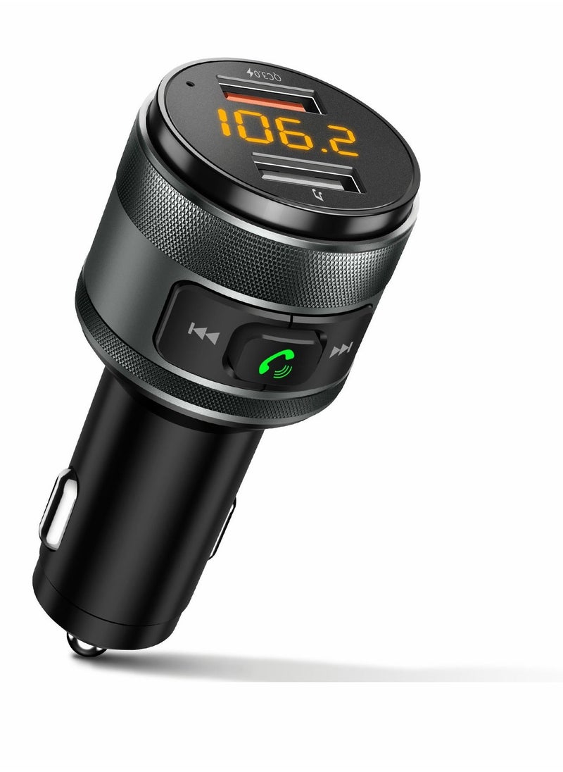 Excefore Bluetooth 5.0 FM Transmitter for Car, 3.0 Wireless Bluetooth FM Radio Adapter Music Player FM Transmitter Car Kit with Hands-Free Calling and 2 USB Ports Charger Support USB Drive  - Image 1