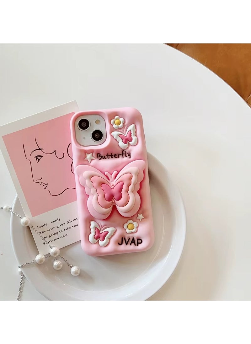 Generic - Butterfly Phone Case Compatible with iPhone 15 Cute 3D Korea Dopamine Butterfly Case with Butterfly Telescopic Hold Stand Shockproof Silicone Soft Case (Light Pink) - Image 1