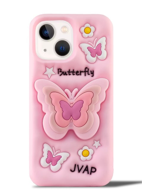 Butterfly Phone Case Compatible with iPhone 15 Cute 3D Korea Dopamine Butterfly Case with Butterfly Telescopic Hold Stand Shockproof Silicone Soft Case (Light Pink)