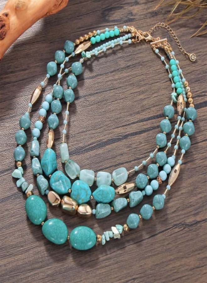 Secret for Longevity Four Strand Gold Tone Resin Turquoise Aqua Teal Blue Western Style Chunky Statement Necklace - Image 3