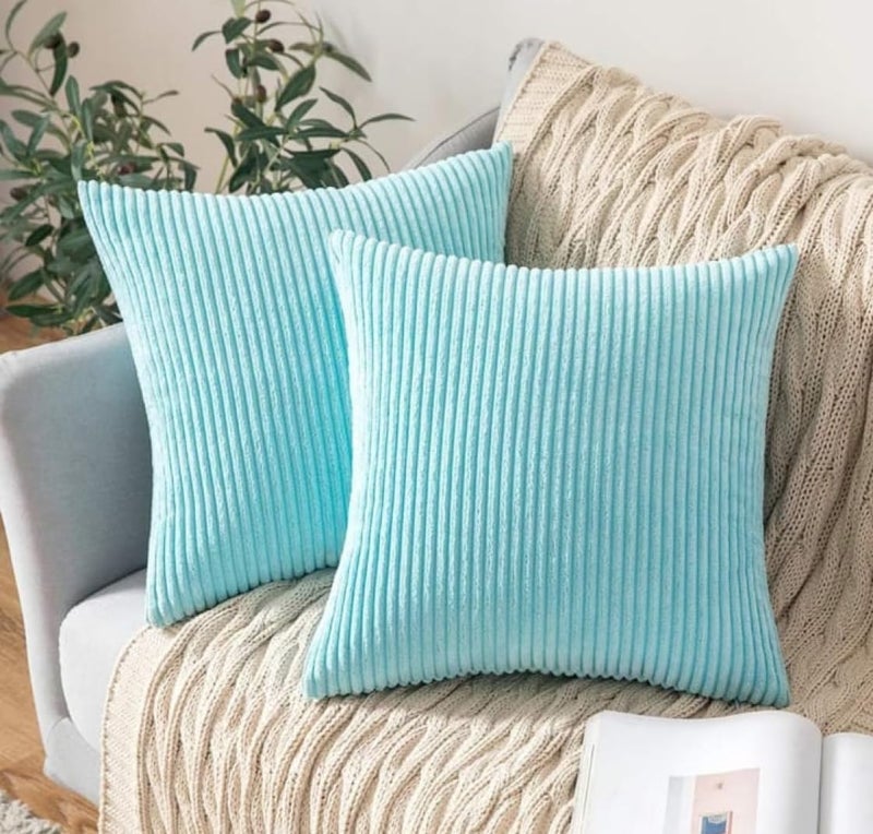 Guffaw/ Corduroy/Stripped/Luxury Cushion Covers Size 16"X16" INCHES (Aqua, 2) - Image 4