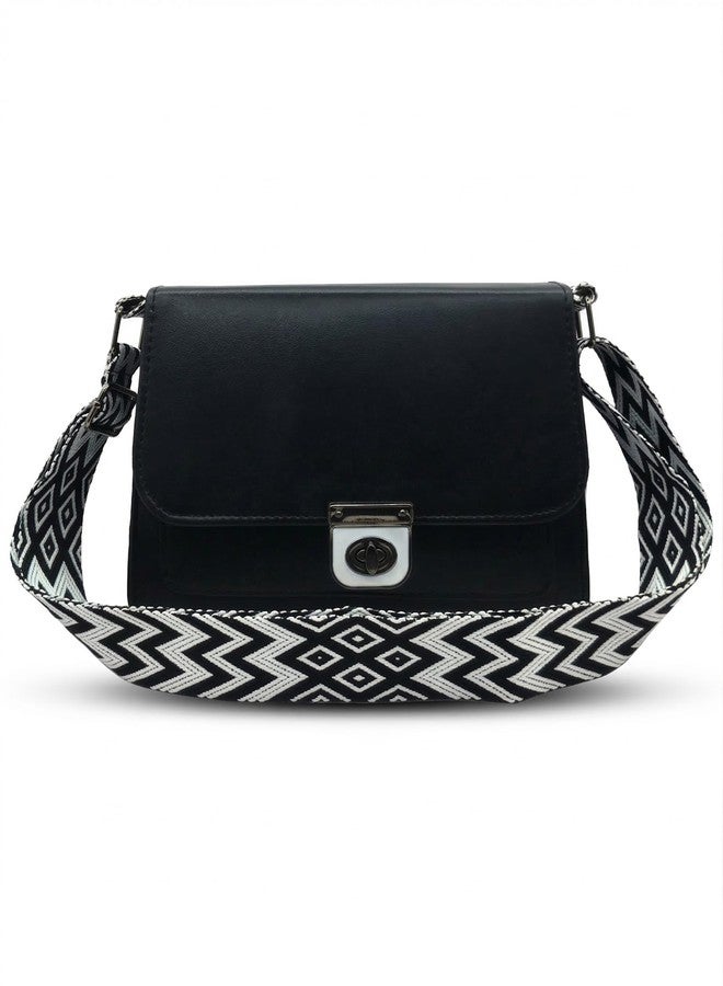 KRIFTY Sling Bag with Geometric Patterned Strap, Faux Leather Crossbody Bag with Twist Lock Closure For Women's/Girls (Black) - Image 1