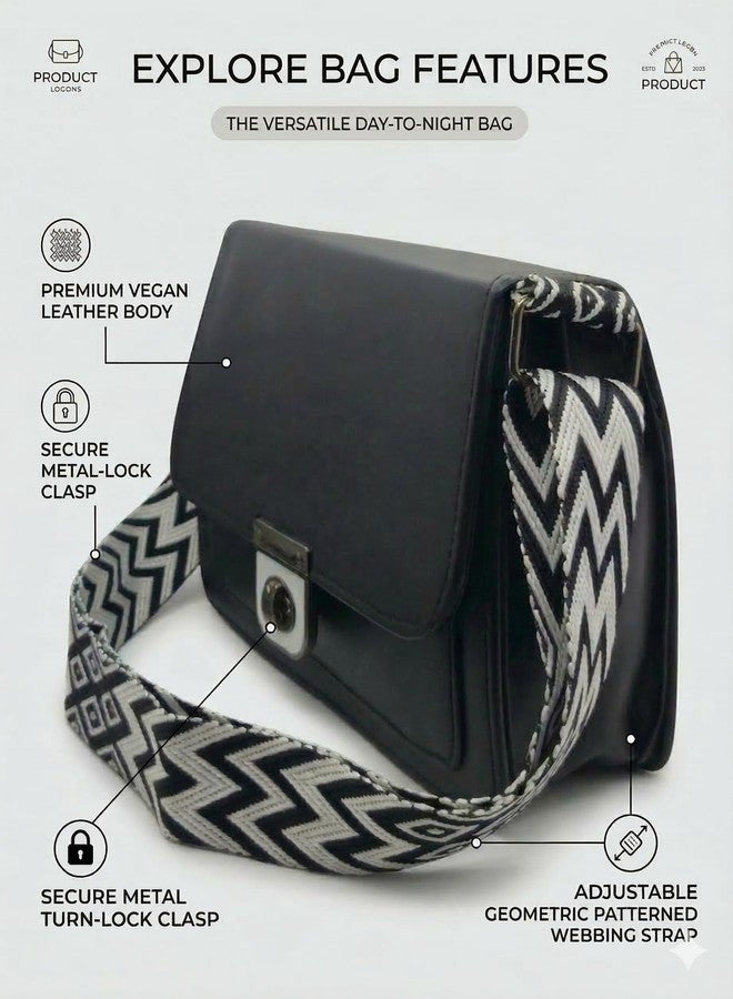 KRIFTY Sling Bag with Geometric Patterned Strap, Faux Leather Crossbody Bag with Twist Lock Closure For Women's/Girls (Black) - Image 2