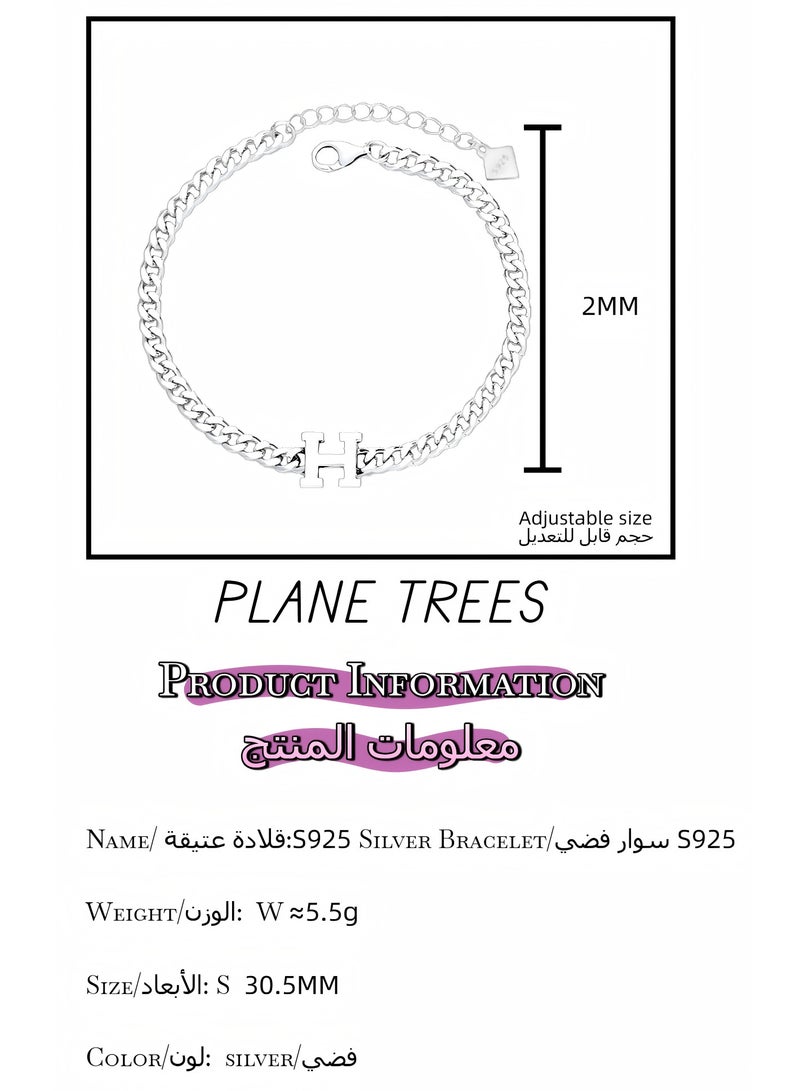 Plane Trees 925 Sterling Silver H Letter Chain Bracelet for Women – Minimalist Adjustable Link Design, Fashion Jewelry Gift - Image 3