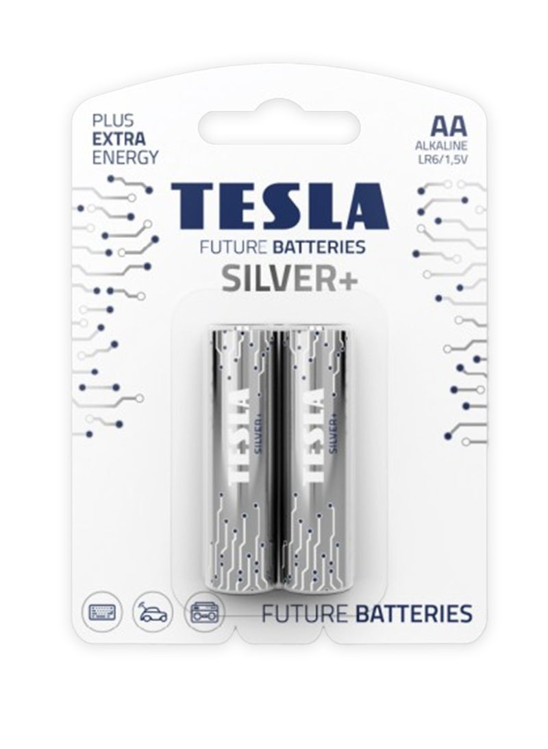 TESLA BATTERIES SILVER+ AA LR6 Alkaline  Batteries 2pcs- powerful batteries for maximum performance, 1.5V constant power for high-consumption devices such as cameras, microphones, and measuring instruments, with a leak-proof formula, long-lasting performance, environmentally friendly design, and suitable for home and professional use, reliable power that lasts as long as possible  - Image 1