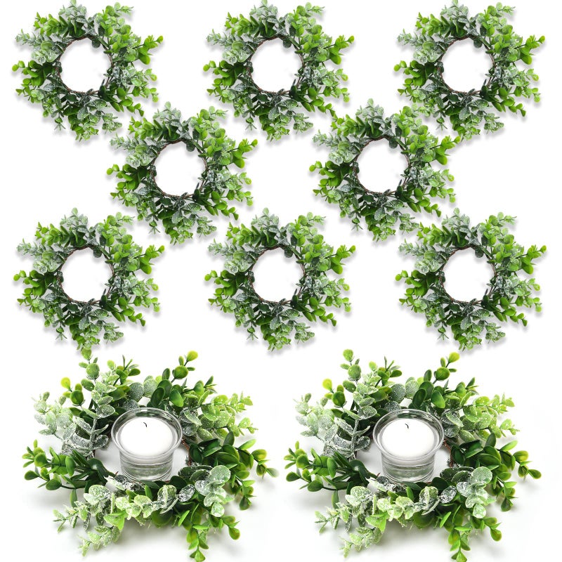 Jexine Jexine 8 Pieces Candle Rings Mini Candle Rings Wreaths Artificial Center Wreath for Wedding Table Centerpiece Window Pillars Farmhouse Party Home All Seasons DecorEucalyptus 
