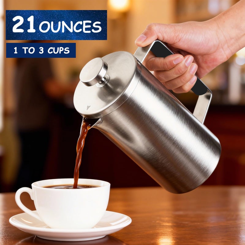 WORBIC Samll French Press Coffee Maker 21OZ, Stainless Steel 600ml Coffee Press with Black Handle for Personal, Office, Travel,Camping (Sanding Silver, 1-3 Cups) - Image 4