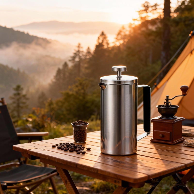 WORBIC Samll French Press Coffee Maker 21OZ, Stainless Steel 600ml Coffee Press with Black Handle for Personal, Office, Travel,Camping (Sanding Silver, 1-3 Cups) - Image 1
