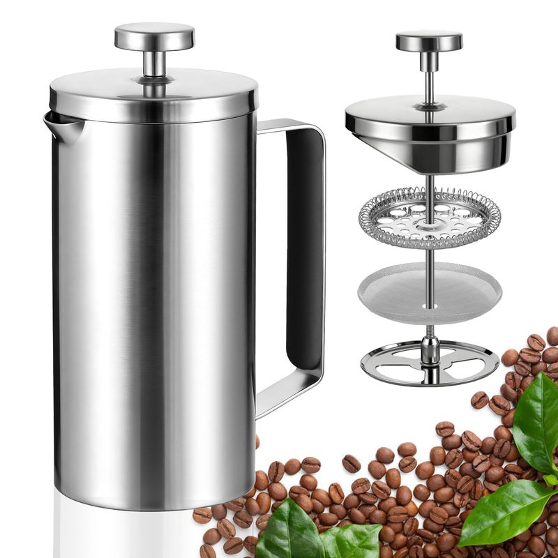 WORBIC Samll French Press Coffee Maker 21OZ, Stainless Steel 600ml Coffee Press with Black Handle for Personal, Office, Travel,Camping (Sanding Silver, 1-3 Cups) - Image 2