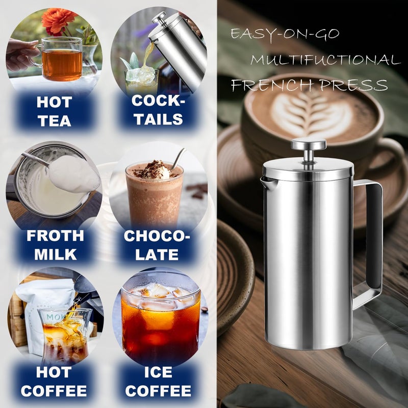 WORBIC Samll French Press Coffee Maker 21OZ, Stainless Steel 600ml Coffee Press with Black Handle for Personal, Office, Travel,Camping (Sanding Silver, 1-3 Cups) - Image 5