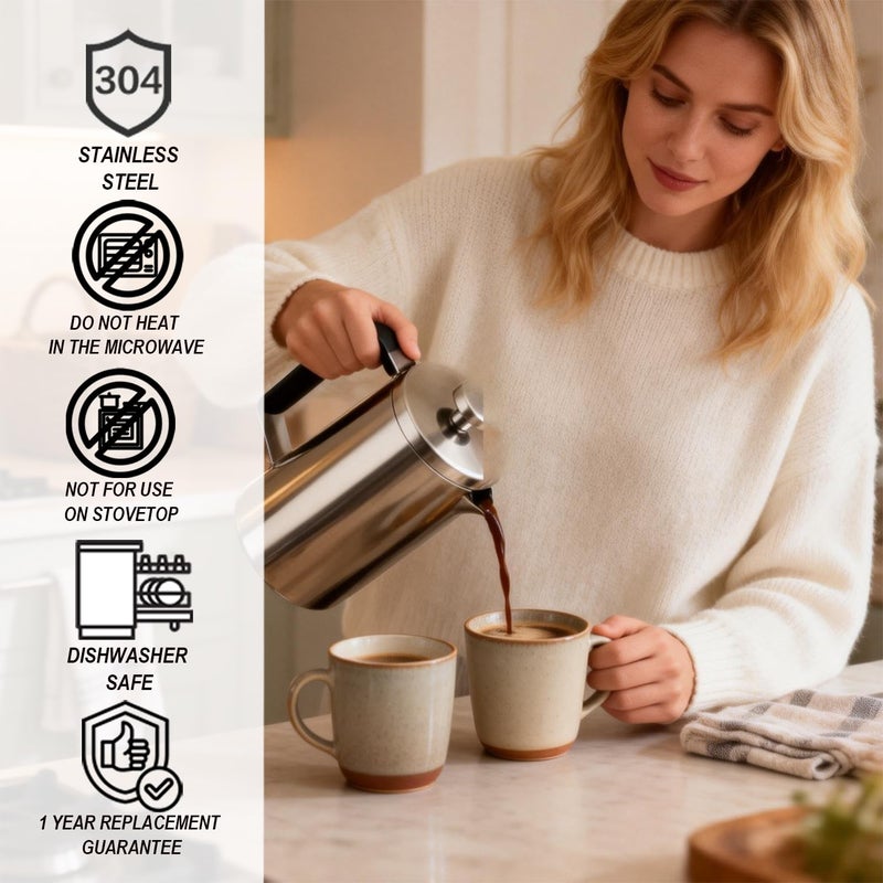 WORBIC Samll French Press Coffee Maker 21OZ, Stainless Steel 600ml Coffee Press with Black Handle for Personal, Office, Travel,Camping (Sanding Silver, 1-3 Cups) - Image 3