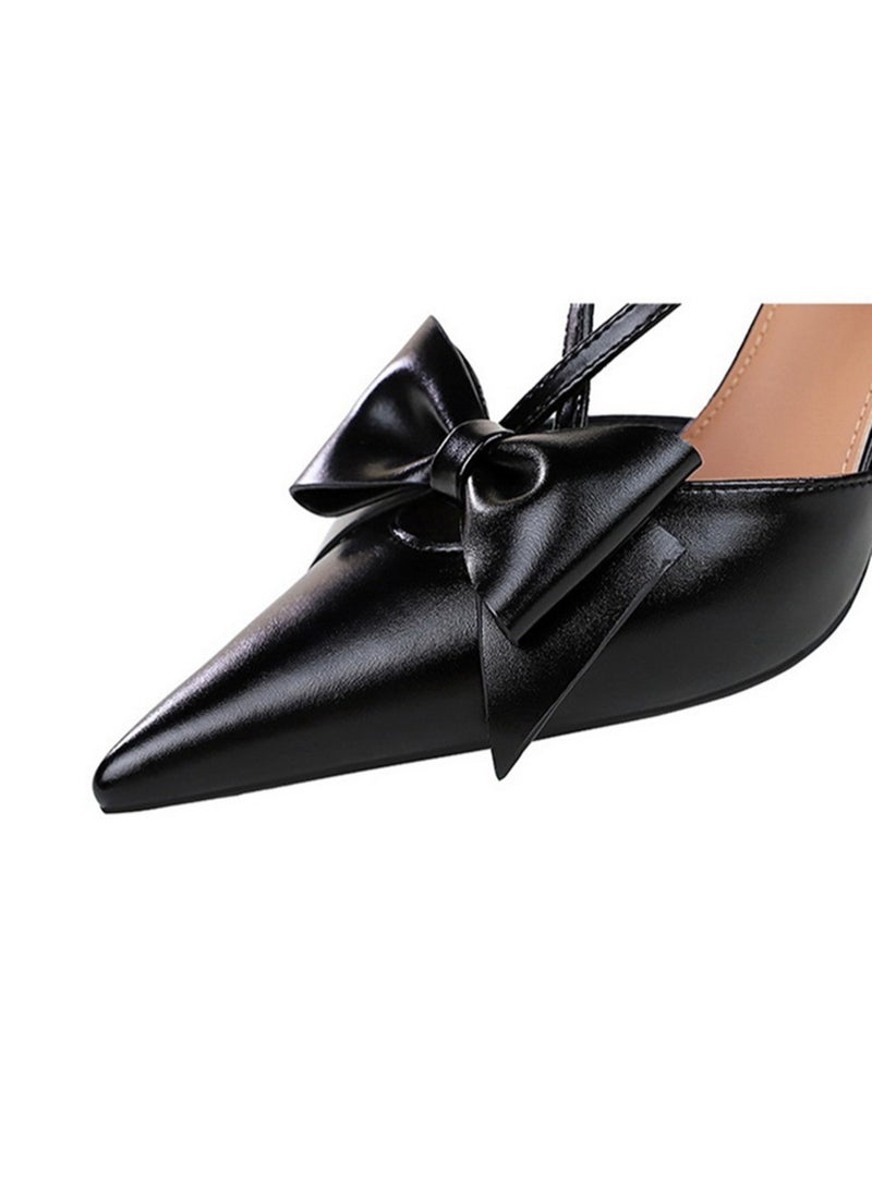 BIGTREE Women's Bowknot Closed Pointed Toe Pumps Slingback Stiletto High Heel Sandals With Ankle Strap Black 8CM - Image 3