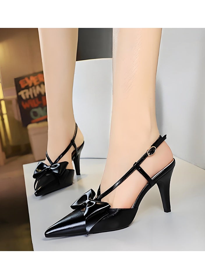 BIGTREE Women's Bowknot Closed Pointed Toe Pumps Slingback Stiletto High Heel Sandals With Ankle Strap Black 8CM - Image 4