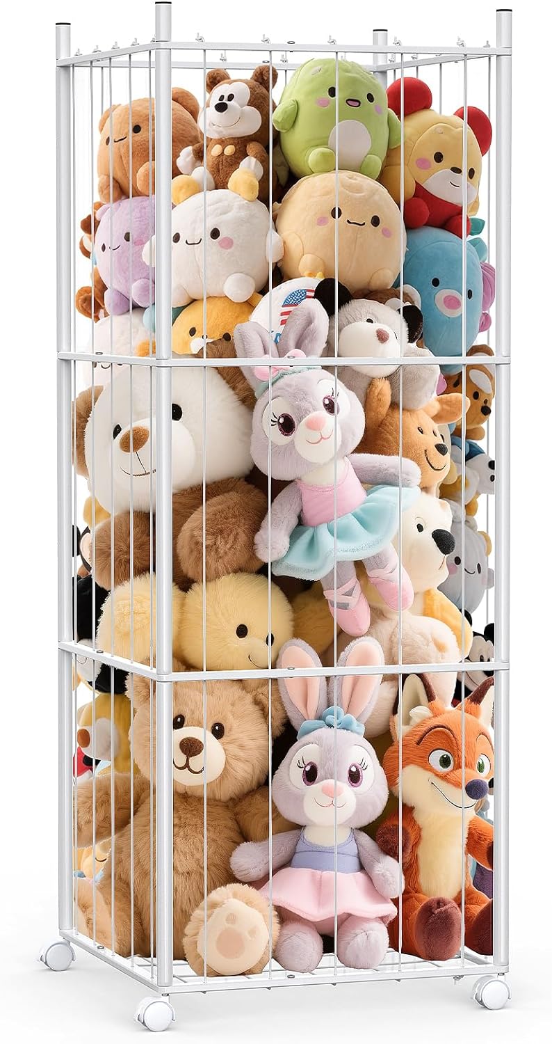 GoKEDA Stuffed Animal StorageExtra Large Metal Stuffed Animals Storage TowerHeavy Duty Stuffed Animal Holder with Elastic Plushies Storage Organizer for NurseryKids RoomPlayroom White - Image 1