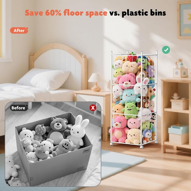 GoKEDA Stuffed Animal StorageExtra Large Metal Stuffed Animals Storage TowerHeavy Duty Stuffed Animal Holder with Elastic Plushies Storage Organizer for NurseryKids RoomPlayroom White - Image 4