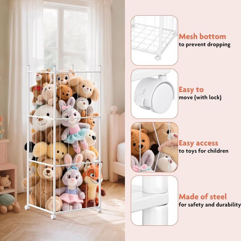 GoKEDA Stuffed Animal StorageExtra Large Metal Stuffed Animals Storage TowerHeavy Duty Stuffed Animal Holder with Elastic Plushies Storage Organizer for NurseryKids RoomPlayroom White - Image 3