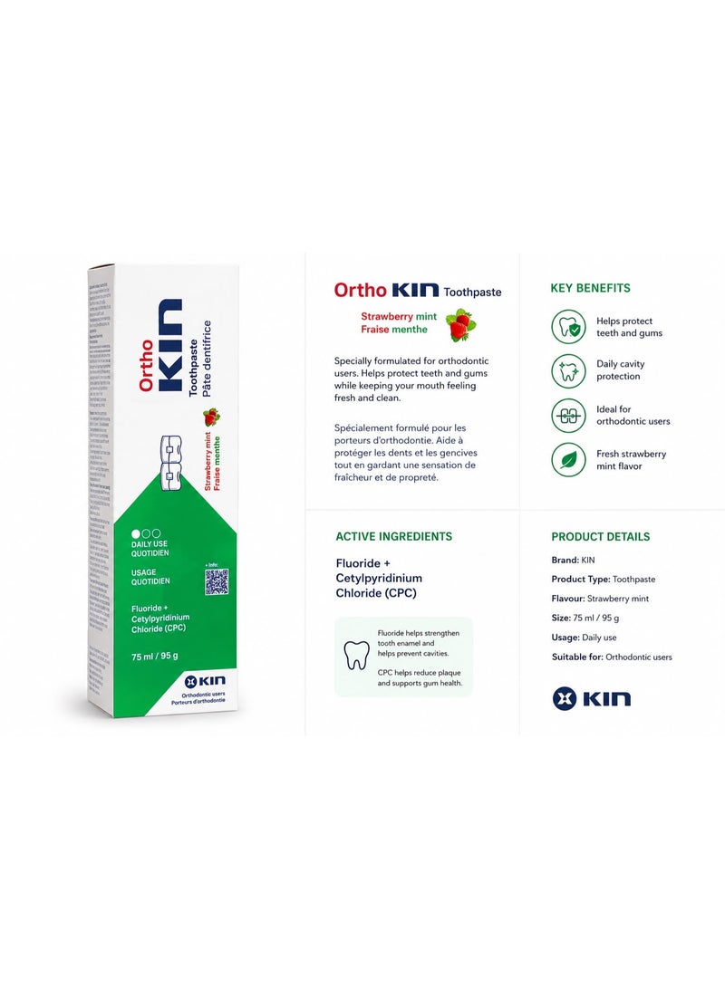 KIN Ortho Kin Orthodontic Toothpaste with Fluoride & CPC Strawberry Mint Flavor 75ml | Daily Care for Braces & Orthodontic Appliances - Image 2