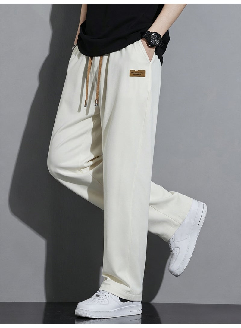 Men's Casual Pants Beige Baggy Sweatpants Wide Leg Straight Trousers Elastic Waist Drawstring For Men - Image 4