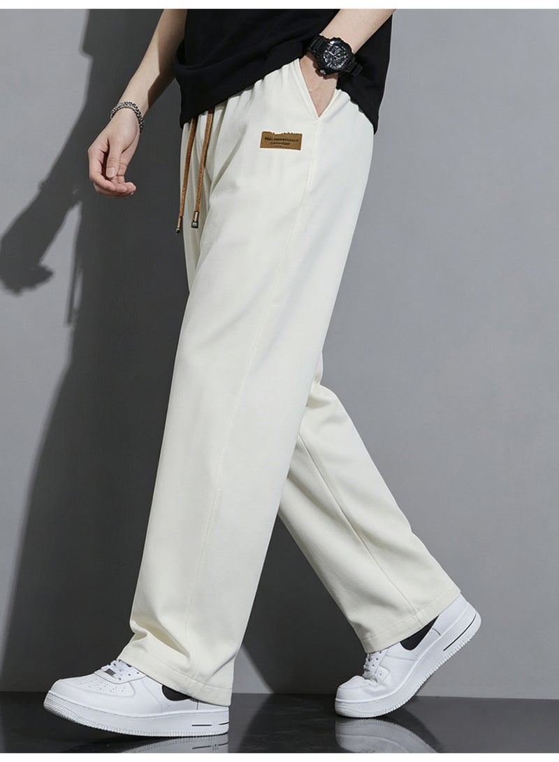 Men's Casual Pants Beige Baggy Sweatpants Wide Leg Straight Trousers Elastic Waist Drawstring For Men - Image 2