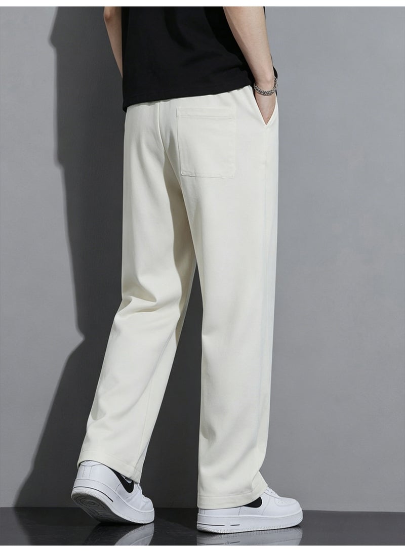 Men's Casual Pants Beige Baggy Sweatpants Wide Leg Straight Trousers Elastic Waist Drawstring For Men - Image 3