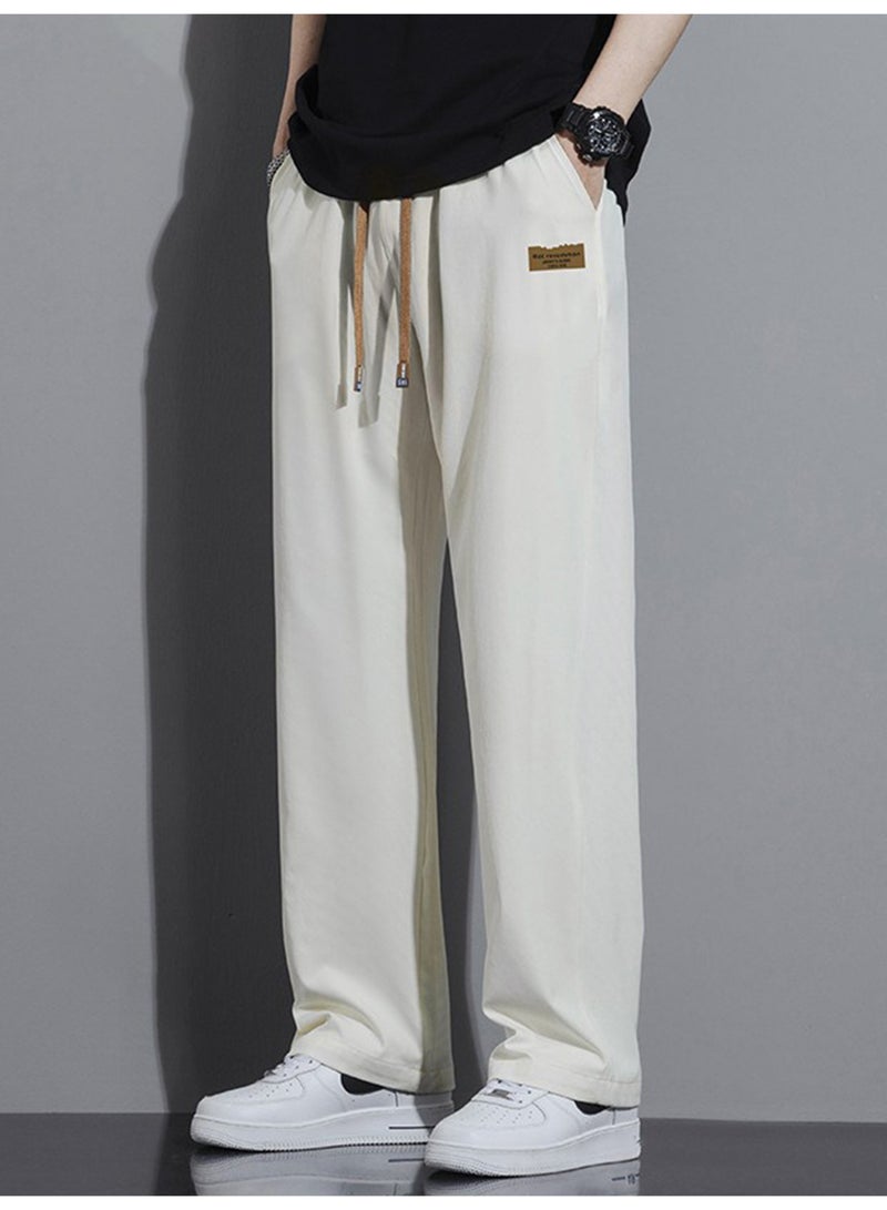 Men's Casual Pants Beige Baggy Sweatpants Wide Leg Straight Trousers Elastic Waist Drawstring For Men - Image 1