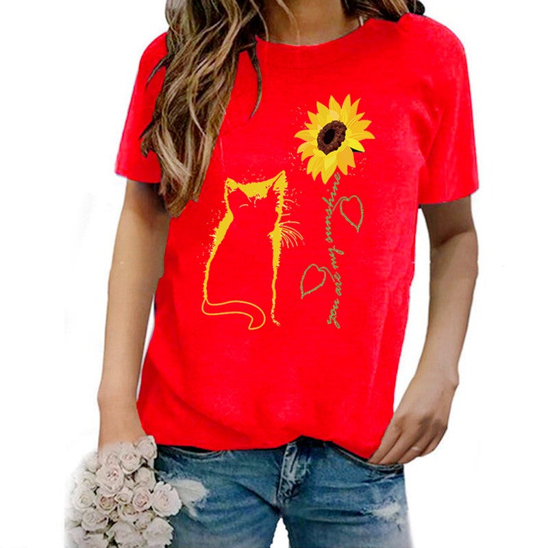 Wish Independent Station Cat Sunflower Pattern Printed Short Sleeve T-Shirt Women - Image 1