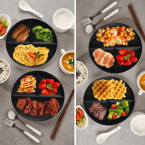 LRUUIDDE (5 Pack) Portion Control Plate for Balanced Eating, 9" Unbreakable Divided Plates,3 Compartment Round Plates, Reusable Plastic Plates, BPA Free for Kids Adults Bariatric Diet (Black) - Image 1