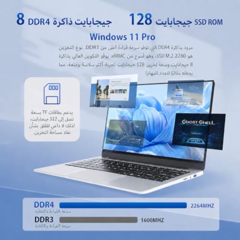 Laptop 14-inch for office use, aluminum silver, ultra-thin design, Celeron J4105, 8GB RAM, 128GB SSD, IPS 1080P FHD display, 2.0MP camera, fast WiFi - Image 2