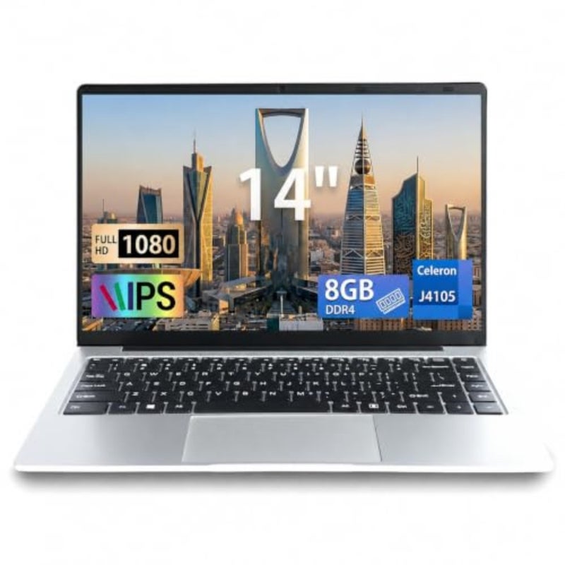 Laptop 14-inch for office use, aluminum silver, ultra-thin design, Celeron J4105, 8GB RAM, 128GB SSD, IPS 1080P FHD display, 2.0MP camera, fast WiFi - Image 1