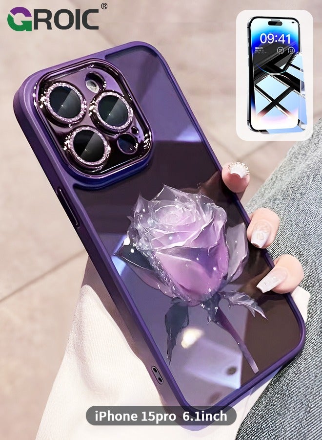 GROIC Case Compatible with iPhone 15 Pro 6.1 Inches Glitter Case with HD Glass Screen Protector, Phone Case Electroplated with Rhinestone Eternal Flower Protective Cover Slim Glitter Clear Case - Image 1