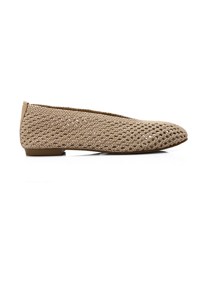 Beige Knitted Semi Square Flat Shoes
