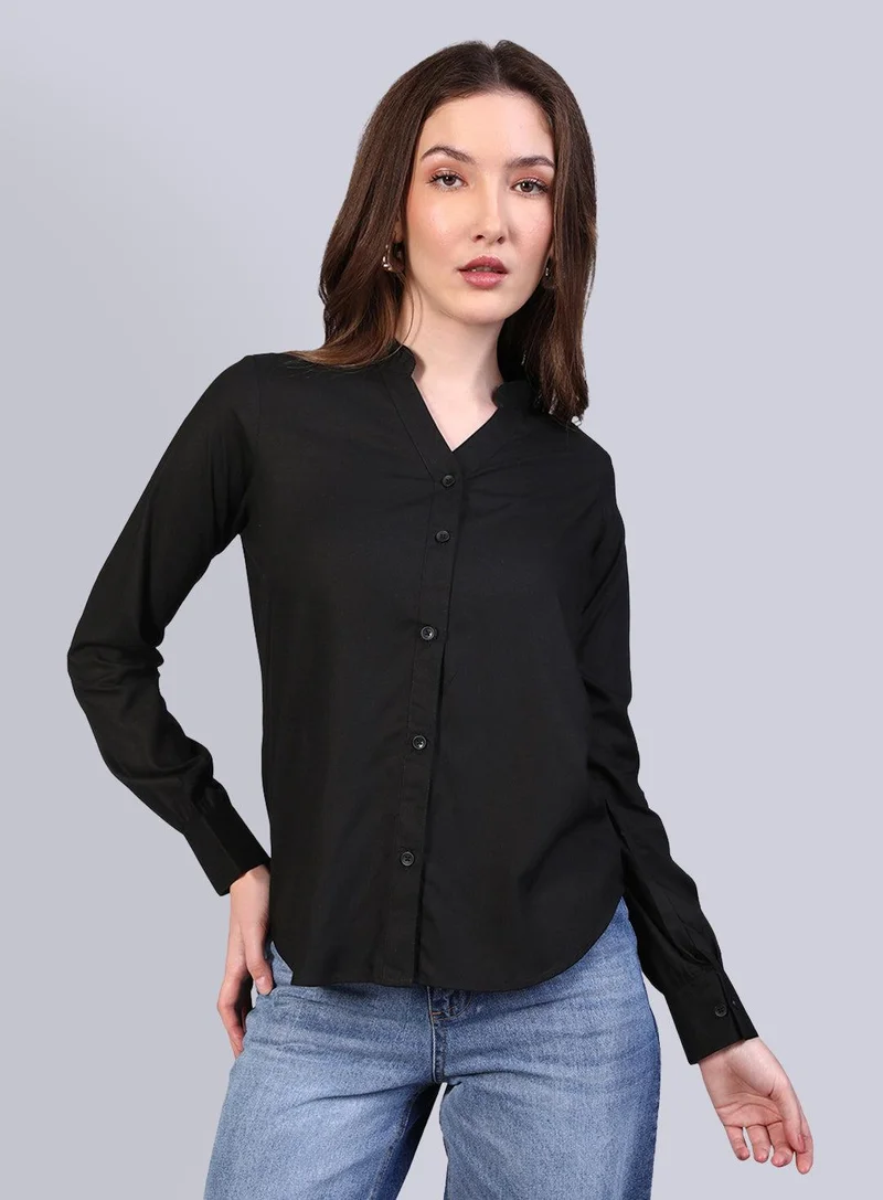 Urbano Fashion Women's Black Modal Viscose Full Sleeve Regular Fit Casual Solid Shirt with Mandarin Collar