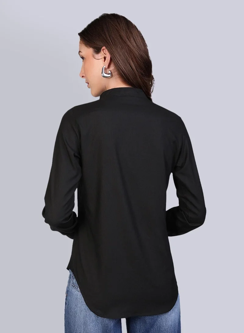 Urbano Fashion  Urbano Fashion Women's Black Modal Viscose Full Sleeve Regular Fit Casual Solid Shirt with Mandarin Collar for Women | Best Price UAE