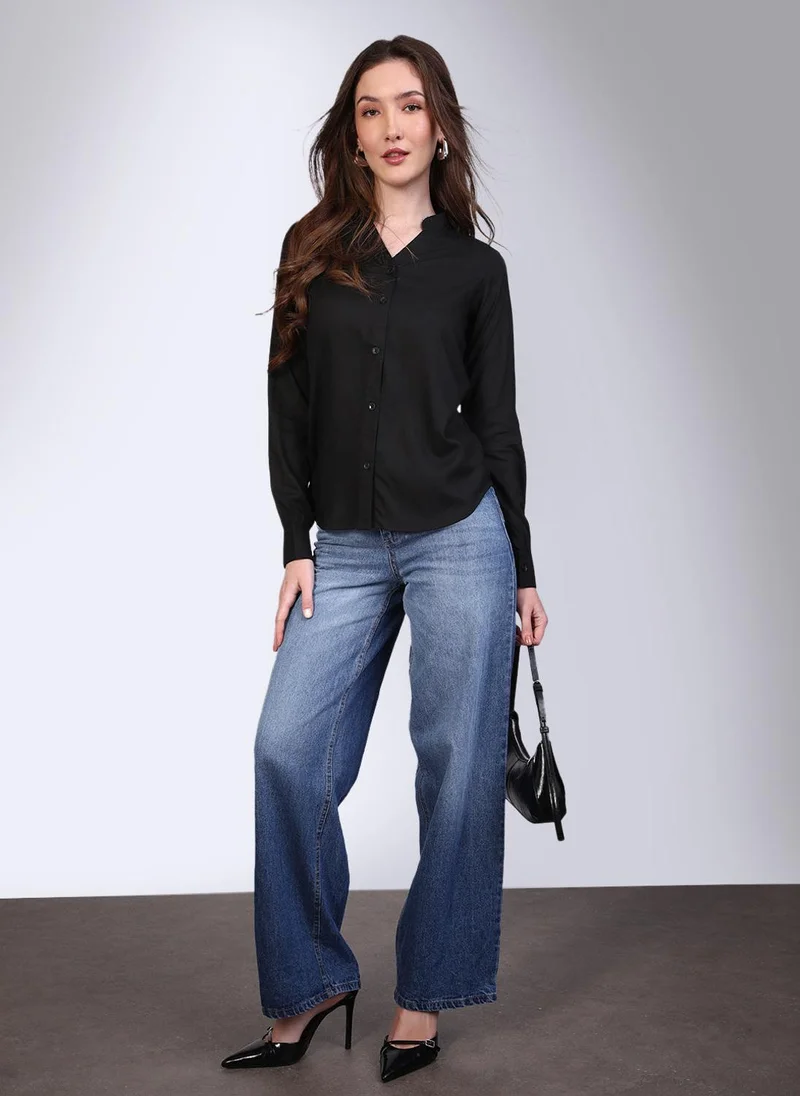 Urbano Fashion  Urbano Fashion Women's Black Modal Viscose Full Sleeve Regular Fit Casual Solid Shirt with Mandarin Collar for Women | Best Price UAE