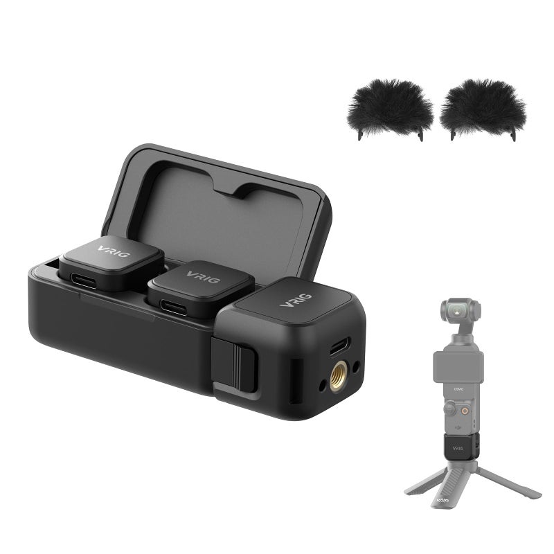 VRIG MC-02 Wireless Microphone Kit (2 TX + 1 RX + Charging Case) for DJI Osmo Pocket 3, Mini Wireless Lavalier Microphone, Magnetic Attachment, Noise Cancellation, 30Hrs Use, Vlog, Live Streaming - Image 1