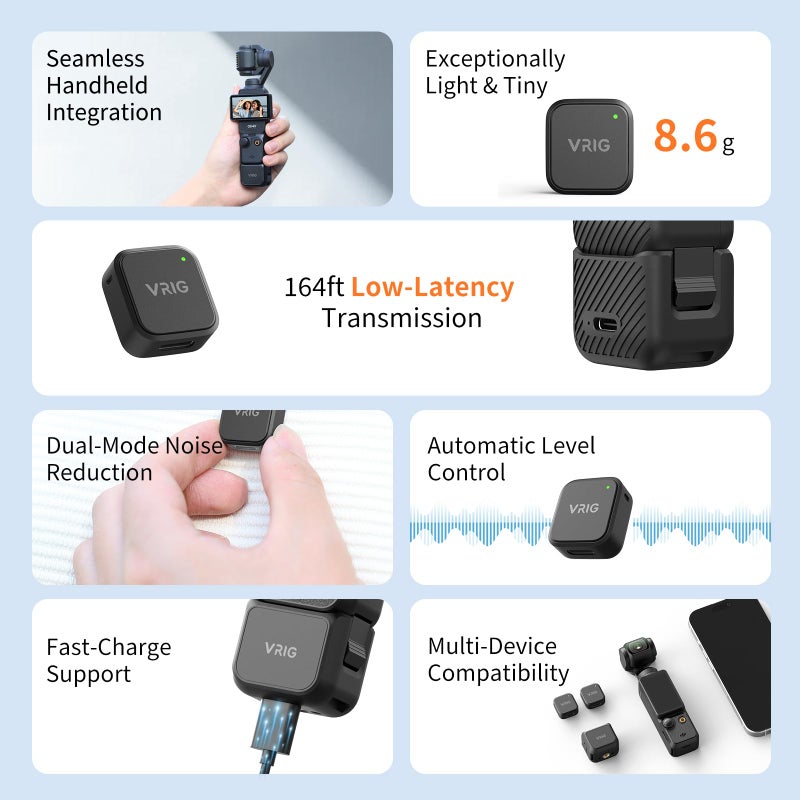 VRIG MC-02 Wireless Microphone Kit (2 TX + 1 RX + Charging Case) for DJI Osmo Pocket 3, Mini Wireless Lavalier Microphone, Magnetic Attachment, Noise Cancellation, 30Hrs Use, Vlog, Live Streaming - Image 2
