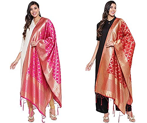 Lilots Women's Solid Silk Blend Dupatta (1138-combo_Rani Pink & Red_Free Size) - Image 4