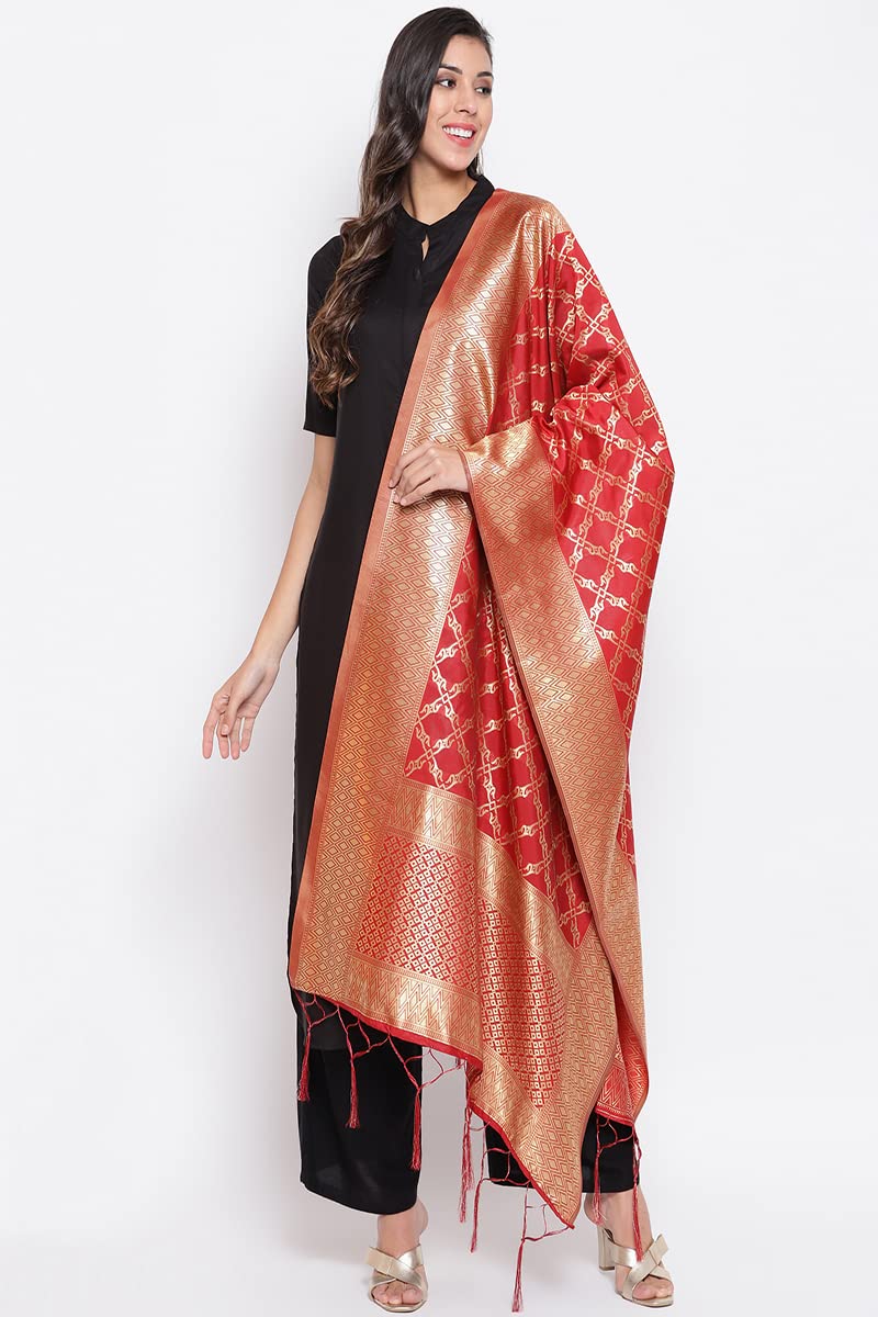 Lilots Women's Solid Silk Blend Dupatta (1138-combo_Rani Pink & Red_Free Size) - Image 3