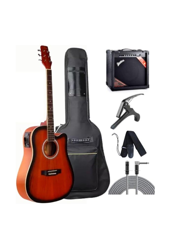 Megarya Semi Acoustic Guitar Red Sunburst Guitar With Bag, TG 10 Amplifier Capo Strap and Cable For Beginner and Intermediate Combo Offer  - Image 1