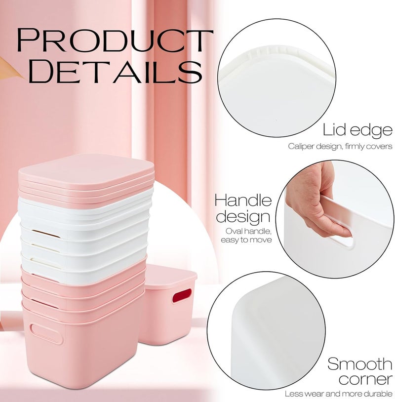 Hoolerry 8 Pieces Colorful Storage Bins with Lid, Plastic Storage Basket Organizing Container Stackable Box with Handle for Shelves Desktop Playroom Office(9.8 x 7.1 x 6.3 Inch,White and Pink) - Image 3