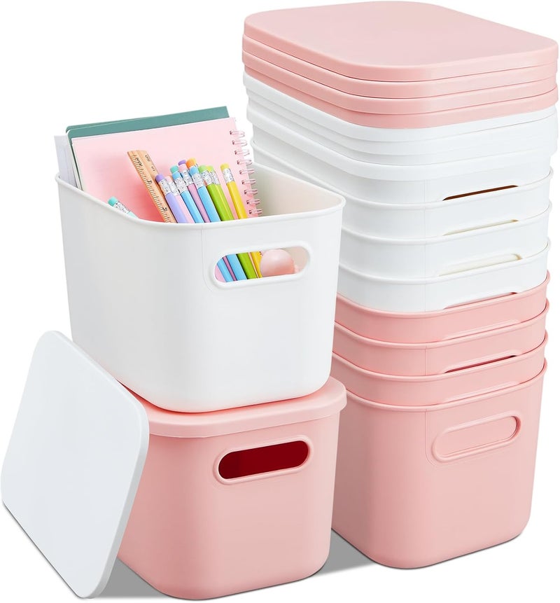 Hoolerry 8 Pieces Colorful Storage Bins with Lid, Plastic Storage Basket Organizing Container Stackable Box with Handle for Shelves Desktop Playroom Office(9.8 x 7.1 x 6.3 Inch,White and Pink) - Image 1