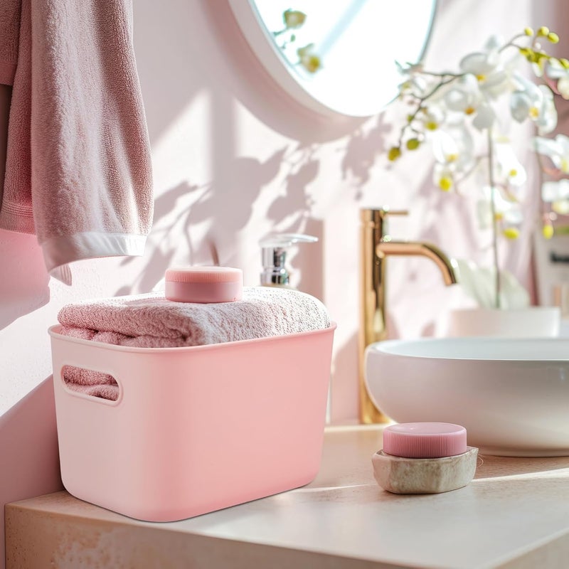 Hoolerry 8 Pieces Colorful Storage Bins with Lid, Plastic Storage Basket Organizing Container Stackable Box with Handle for Shelves Desktop Playroom Office(9.8 x 7.1 x 6.3 Inch,White and Pink) - Image 5